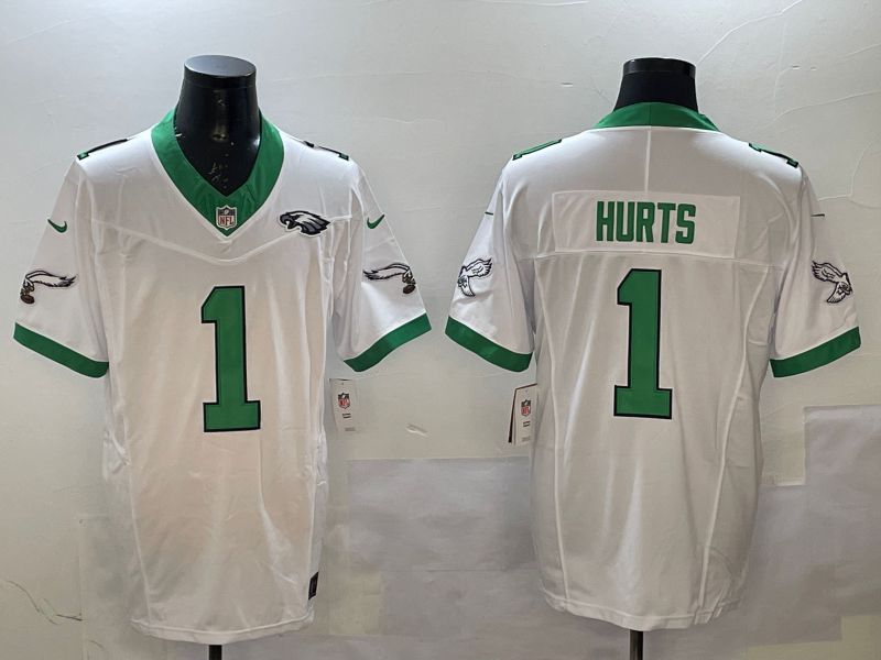 Men Philadelphia Eagles #1 Hurts White Retro three generations 2025 Nike Vapor Limited NFL Jersey style 4
